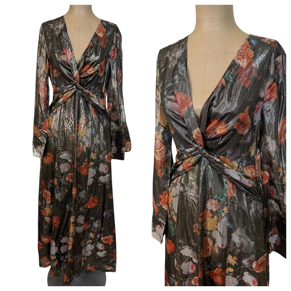 Anthropologie Caballaro Midi Dress Brown Metallic Floral New - Picture 4 of 7